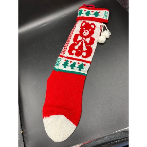 Vintage Teddy Bear Knit Christmas Stocking with pom poms 21" - Picture 7 of 14